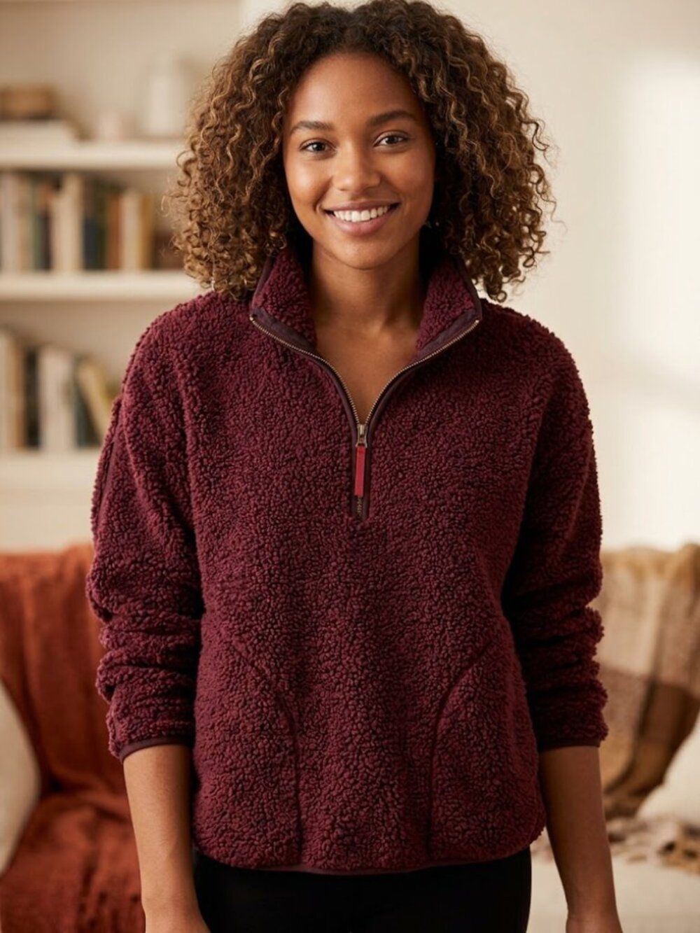 Old Navy Cozy Women's Burgundy Sherpa Quarter-Zip Fleece Pullover Size Medium